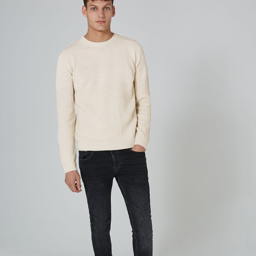 Topman Stone And White Twist Grid Sweater - M